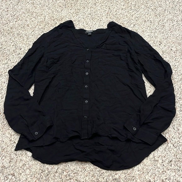 Express Black V-Neck Button Down Long Sleeve Blouse Sz Small - Picture 1 of 6